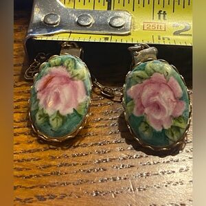 Vintage enamel sweater clips gold tone chain Grandmacore Cottagecore shabby chic